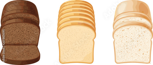 Konstfotografi Set of Three Sliced Bread Loaf Illustrations Whole Wheat and White Bread Vector
