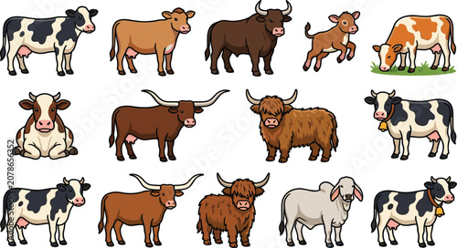 Tableau sur toile cute cartoon cattle breed illustration icons set featuring different cows bulls
