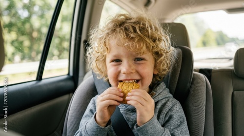 Cheerful young boy with curly blonde hair sits smiling in a car seat, enjoying a biscuit snack on a family road trip.