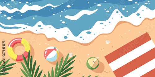 Top View Summer Beach With Coconut Drink Flat Illustration