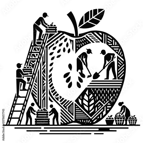 Conceptual Illustration of Miniature People Harvesting a Giant Apple through Teamwork and Agriculture Workers Picking Fruit