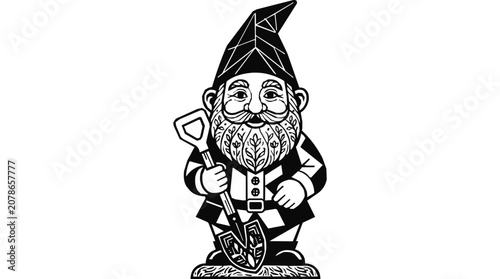 Detailed Black and White Garden Gnome Holding a Shovel with Floral Beard Character Illustration for Yard Decor