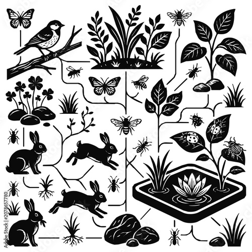 Miniature garden figurines, nature, rabbit - Charming Miniature Garden Scene with Rabbits, Birds, Insects, and Plants in a Whimsical Vector