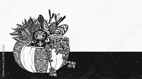 Artistic Black and White Succulent and Cactus Illustration in Indoor Miniature Planters Featuring a Tribal Mask Design and Ethnic Patterns