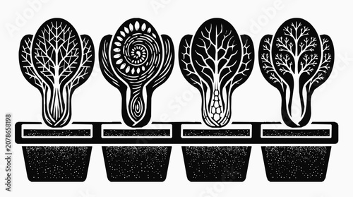 Beautiful Linocut Seedling Botanical Growth Illustration Featuring Four Different Leaf Patterns for Herb Propagation in Nursery Pots