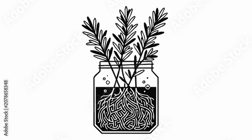 Herb propagation of rosemary cuttings with healthy plant roots in a glass jar for growing a sustainable indoor garden