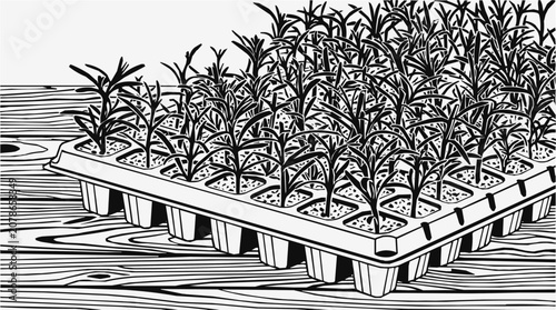 Vector line art showing a seed tray with young seedlings for herb propagation and gardening planting on a wooden surface.