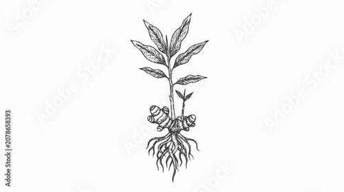 Vintage Ginger Rhizome and Botanical Illustration showing Herb Propagation from a young Sprout with roots and leaves