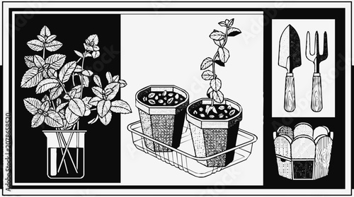Illustrated herb propagation guide featuring gardening tools, seedlings, and cuttings of indoor plants for home horticulture