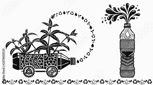 Eco-friendly - Herb propagation in a repurposed plastic bottle as a creative upcycling and sustainable recycling project for urban gardening.