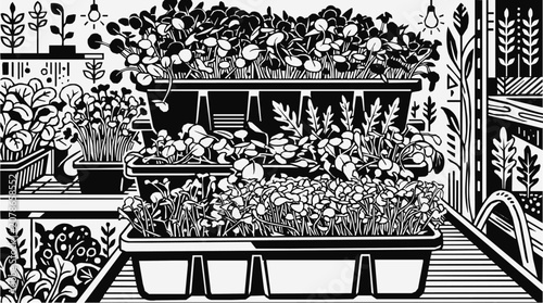 A detailed vector illustration of a seedling tray filled with microgreens in an indoor garden plant nursery for herb propagation and urban farming.
