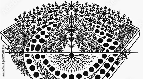 Stylized Cannabis and Marijuana Leaf Illustration for Herb Propagation showing a Deep Root System and Modern Greenhouse Cultivation Methods