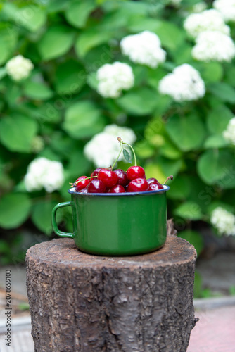 Ripe cherries in a cup