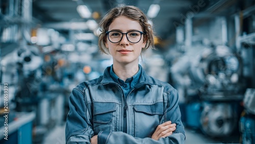 Confident Female Blue Collar Technician Leading Modern Industrial Workplace