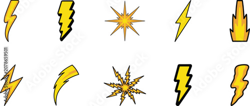 Slika na platnu yellow lightning bolts and electric sparkle explosion icons set with black outli
