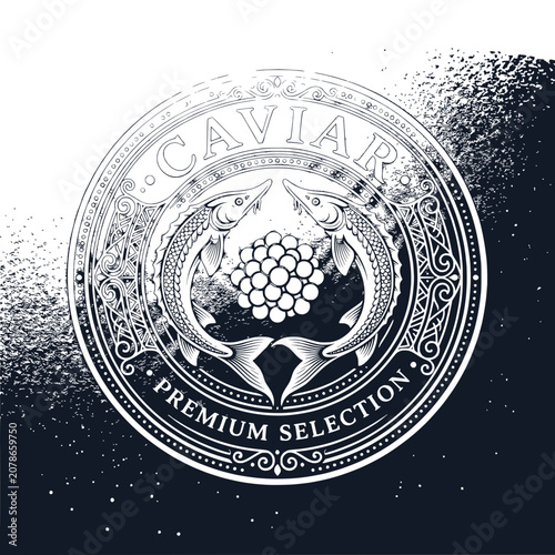 Caviar Premium Selection Emblem with Sturgeon Fish and Roe