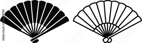 Hand held folding fan icons including black silhouette and linear outline designs for traditional cooling accessories and cultural decorative objects isolated on gray vector ilustration.