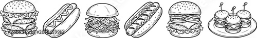 Detailed vector illustration set of various fast food items including burgers, hot dogs, and sliders in monochrome outline style.