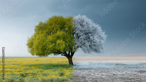 spring and winter split landscape with lone tree, solitary tree dividing summer and winter seasons, balanced nature scene with seasonal contrast