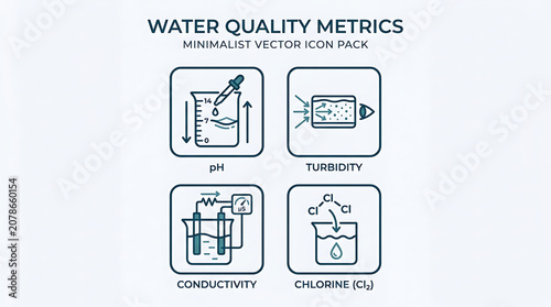 Water quality metrics icons show pH turbidity conductivity chlorine levels