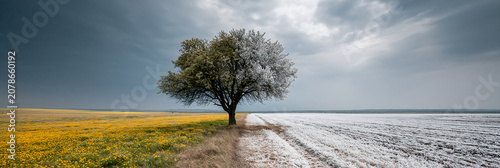 spring and winter split landscape with lone tree, solitary tree dividing summer and winter seasons, balanced nature scene with seasonal contrast