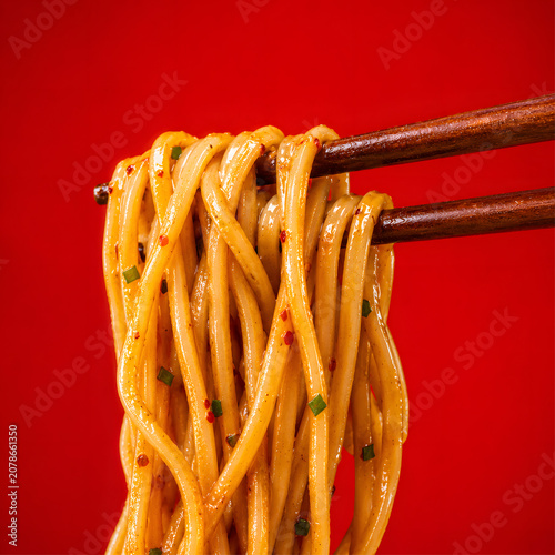 Spicy Noodles Held with Chopsticks on Red Background