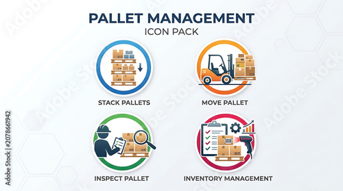 Professional logistics and warehouse management vector icons for shipping operations forklift handling pallet inspection and inventory tracking