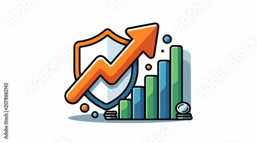 A stylized shield with an upward trending graph and coins