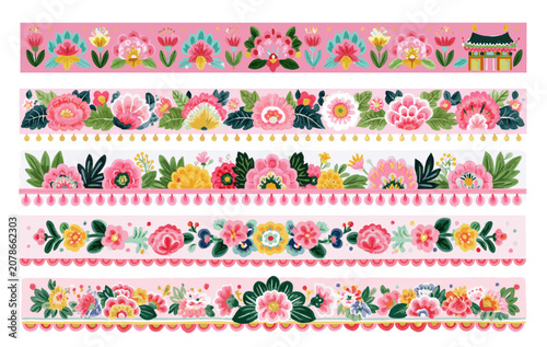 Set of modern traditional Korean Minhwa floral seamless border and washi tape vector illustration