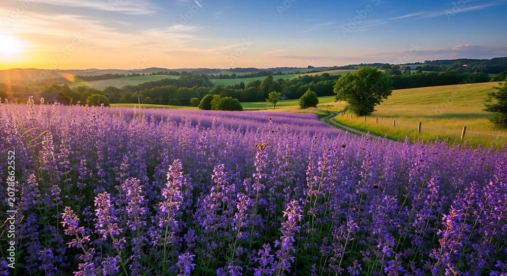 Fototapeta premium Beautiful Lavender Field at Sunset with Rolling Hills.