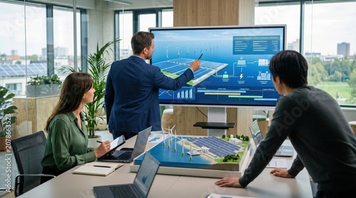 Architects and engineers presenting hybrid renewable energy system model with solar panels and wind turbines, green technology planning meeting