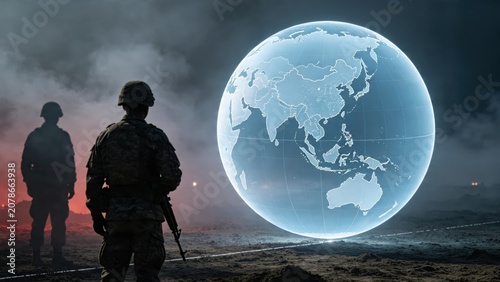 Soldiers standing guard in war zone with glowing earth globe projection, global conflict and military defense concept
