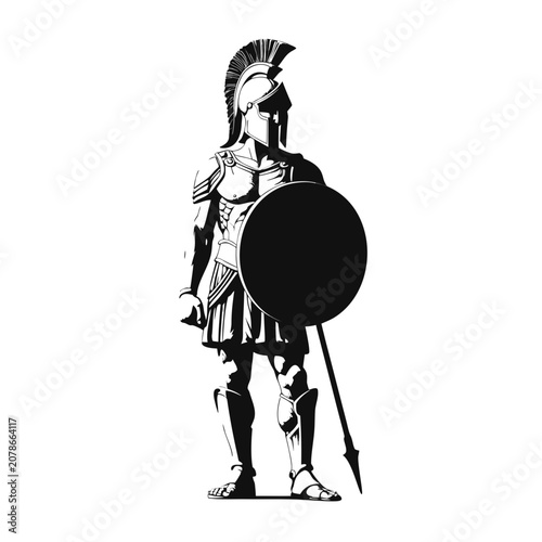 Ancient Spartan warrior, Greek soldier, black and white vector, illustration, historical figure