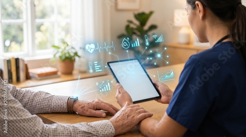 Nurse showing health monitoring data on tablet to elderly patient, holographic icons of heart rate and temperature, smart medical technology and remote care concept
