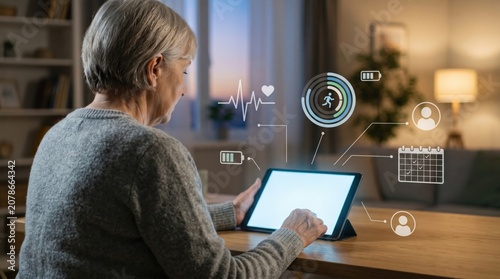 Senior woman using fitness tracking application on tablet, viewing heart rate and activity steps data with holographic interface, healthy lifestyle and wellness concept