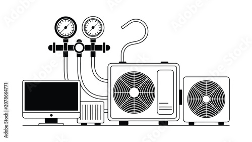 Fotografie Line art vector icon of HVAC maintenance equipment featuring pressure gauge mete