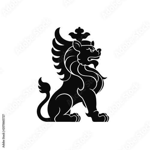 Black lion icon, crowned animal symbol, vector illustration, white background