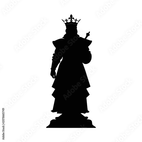 Black silhouette king statue, royal crown, monarch figure, vector illustration