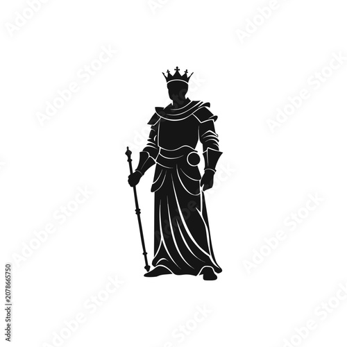 Black king icon, monarch silhouette, royal crown symbol, medieval vector