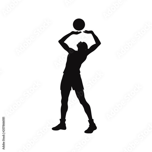 Black silhouette man playing volleyball, sports icon, athletic pose, vector illustration