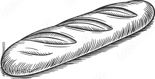 Hand-drawn of a classic french baguette with scoring marks, isolated on white