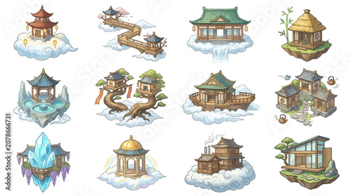 Asian Fantasy Floating Islands: Pagodas, Temples, and Nature Icons
