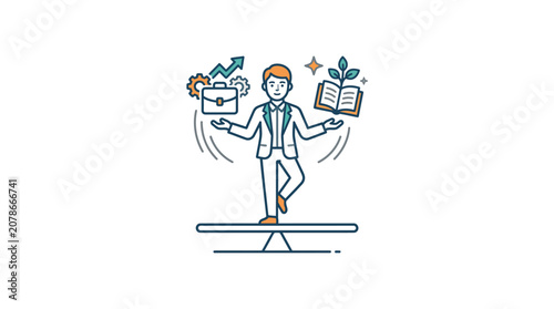 Business Growth and Work-Life Balance Concept: Briefcase, Gears, and Upward Arrow