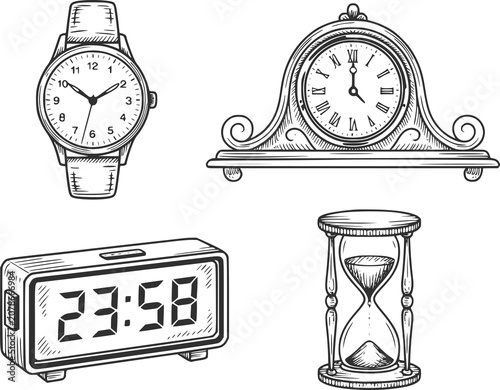 Картината върху платно Collection of vintage and modern timekeeping devices, clocks, and watches