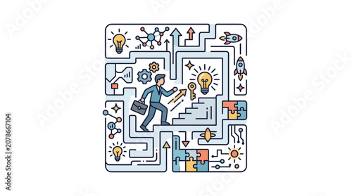 Business Professional Navigating Innovation Maze with Ideas, Data, and Gears - Vector Illustration