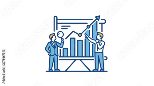Businessman analyzing market growth with charts and magnifying glass, vector illustration
