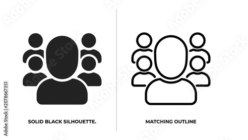 Group of People Icons: A visual representation of a group of people, presented as both a solid black silhouette and a matching outline, signifying community and connection.