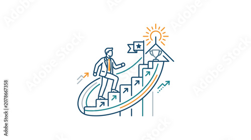 Businessman climbing stairs to success, vector illustration, minimalist style, business growth concept.