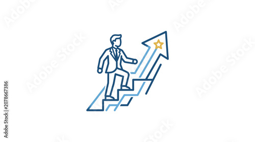 Businessman climbing stairs towards success, achievement, career growth, business concept, simple line art