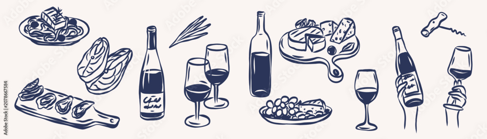 Fototapeta premium Hand drawn wine dinner elements. Line art food and drinks